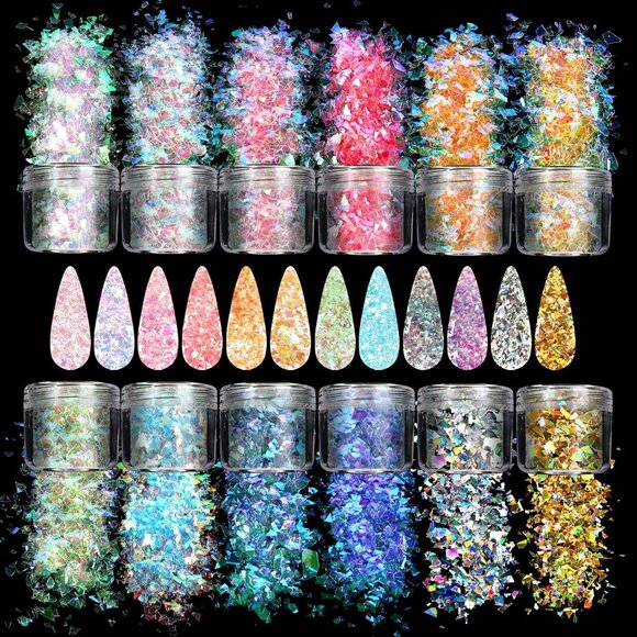 12 Colors Mermaid Nail Chunky Glitter Ultra-Thin Fluorescent Glass Paper - Picture 1 of 3